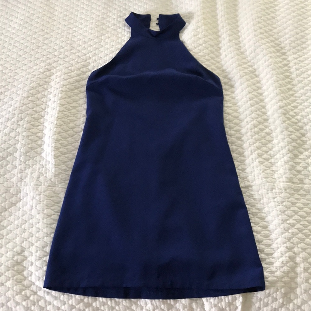 Lulus blue high neck dress with lace detail back